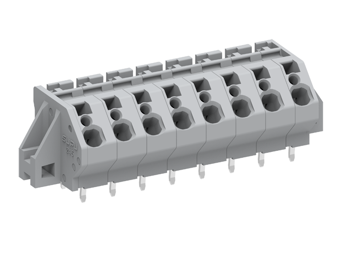Розеточный разъем на плату 245302/020 - Клемма, подвод кабеля 45 град., на плату, шаг: 7.5 мм, 2 полюса, фиксация провода push-in, исполнение: два вывода на контакт, монтажные фланцы, 630V, 32A, цвет: серый