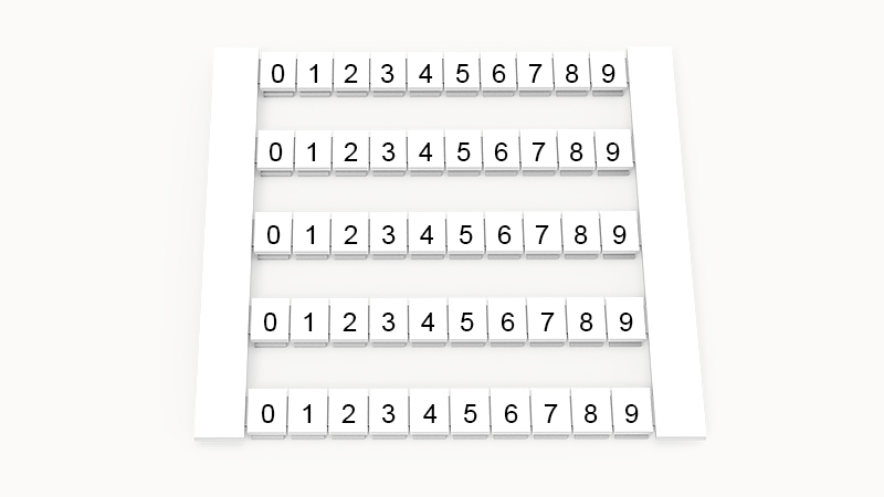 Марк. кассета DEK5-50P-19-68Z(H) - Маркировочные шильдики для клемм WS…, сечением 2,5 мм кв., боковая, 50 шильдиков, нанесенные символы: 0-9, по 5 полосок,с вертикальным расположением, размер шильдика: 4,8х5,5 мм, цвет белый