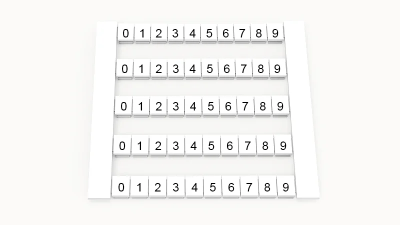 Марк. кассета DEK5-50P-19-68Z(H) - Маркировочные шильдики для клемм WS…, сечением 2,5 мм кв., боковая, 50 шильдиков, нанесенные символы: 0-9, по 5 полосок,с вертикальным расположением, размер шильдика: 4,8х5,5 мм, цвет белый