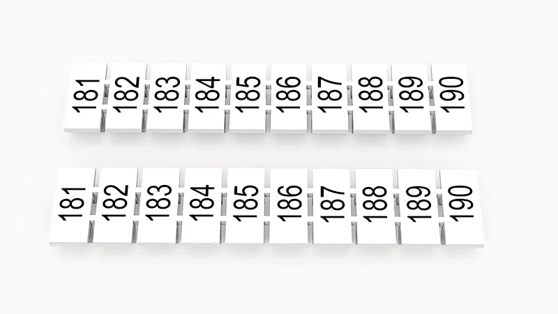 Марк.  полоска ZB6-10P-19-266Z(H) - Маркировочные шильдики для клемм WS…, DC…, PC…, сечением 4 мм кв., центральная, 10 шильдиков нанесенные символы: 181-190, с горизонтальным расположением, размер шильдика: 5,55х10,7 мм, цвет белый