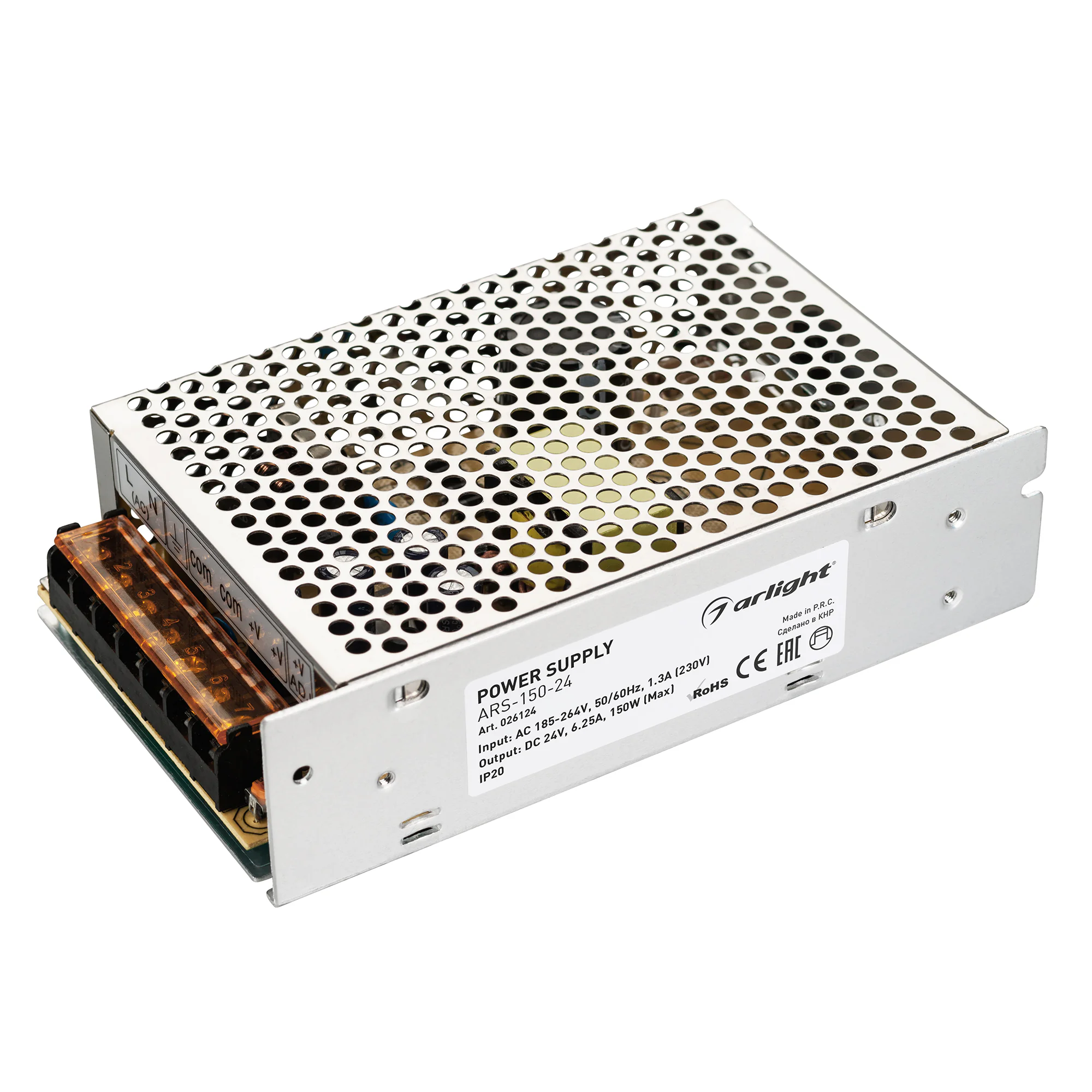 Блок питания ARS-150-24 (24V, 6.25A, 150W) 026124 - Источник напряжения с гальванической развязкой для светодиодных изделий. Входное напряжение 185-264 VAC. Выходные параметры: 24 В, 6.25 А, 150 Вт. Встроенный PFC >0.5. Негерметичный алюминиевый сетчатый 