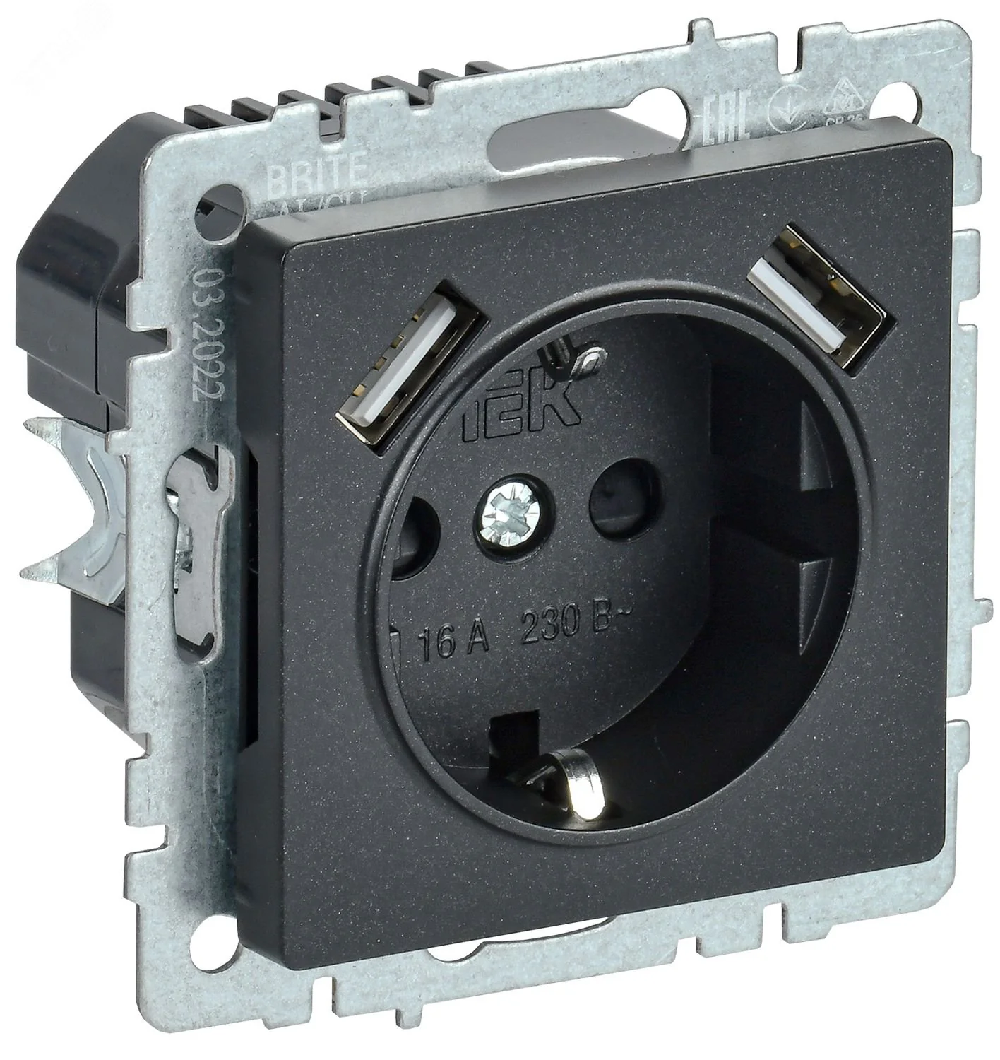 Розетка BRITE РЮш10-1-БрЧ 16А с USB A+A 2.1А с заземл. защ. шторки черн. BR-R14-16-U21-D21-K02