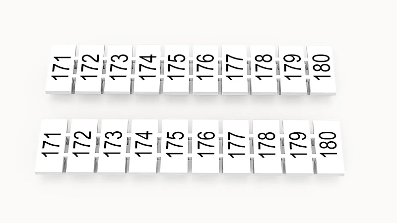 Марк.  полоска ZB6-10P-19-265Z(H) - Маркировочные шильдики для клемм WS…, DC…, PC…, сечением 4 мм кв., центральная, 10 шильдиков нанесенные символы: 171-180, с горизонтальным расположением, размер шильдика: 5,55х10,7 мм, цвет белый