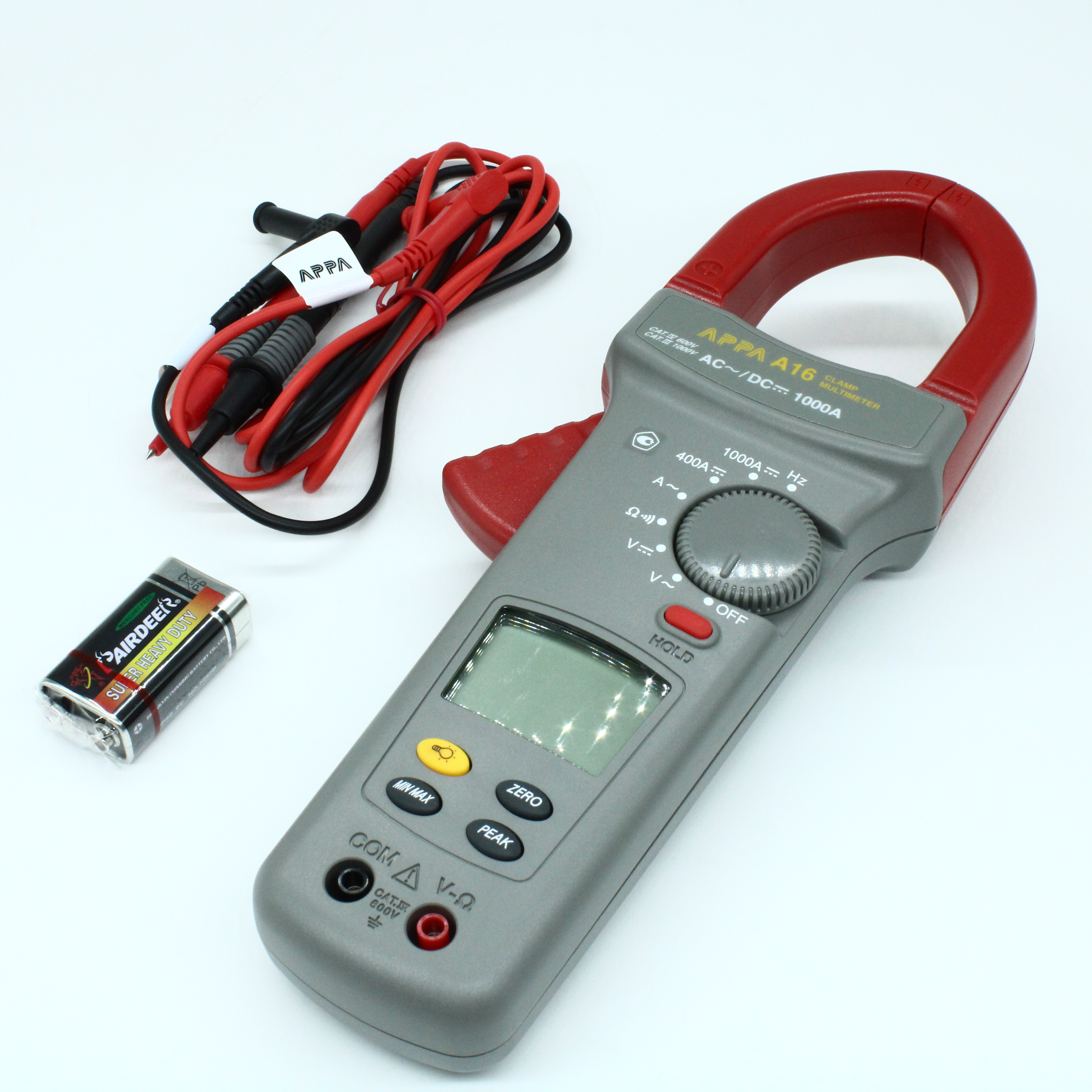 APPA A16 - Токоизмерительные клещи, погрешность 1.9%, I~1000A, I-1000A, U-1000B, U~750B, R-400Ом, F-4MГц, диаметр клещей 51 мм