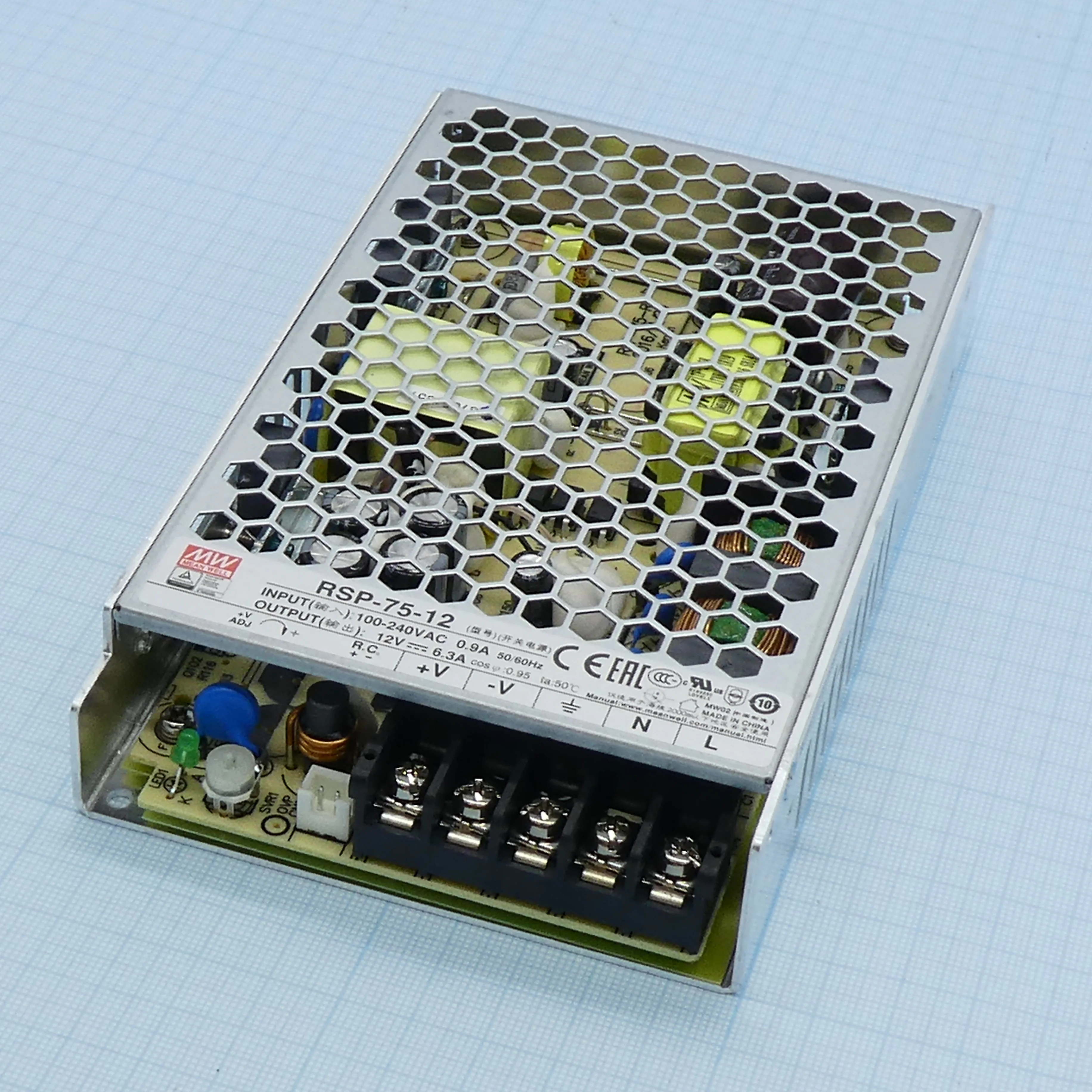 RSP-75-12 - AC-DC, 75.6Вт, ККМ, вход 85…264V AC, 47…63Гц /120…370В DC, выход 12В/6.3A, рег. вых 11.4…13.2В, изоляция 3000В AC, в корпусе 159х97х30мм, -25…+70°С