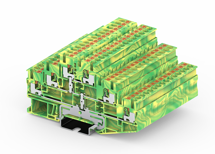 Заземляющая клемма TPT2.5-2-PE - Заземляющая трехуровневая клемма, тип фиксации провода: push-in, номинальное сечение: 2,5 мм кв., ширина: 5,2 мм, цвет: желто-зеленый, тип монтажа: DIN 35