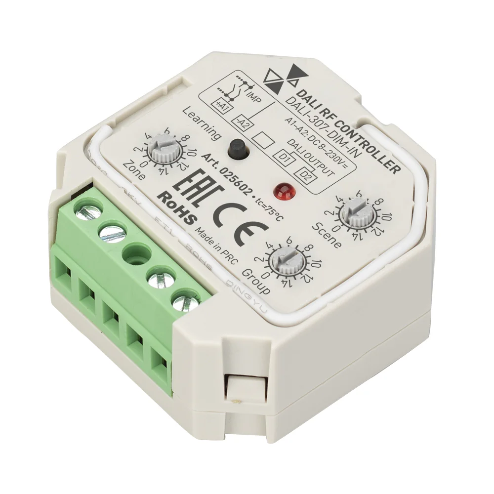 INTELLIGENT ARLIGHT Конвертер RF-сигнала DALI-307-DIM-IN (DALI-BUS, RF, PUSH) 025602 - Конвертер радиосигнала для шины DALI. Предназначен для использования с DIM-пультами и радиопанелями серии SR-1009*. Питание по шине DALI. Возможна привязка к определенн
