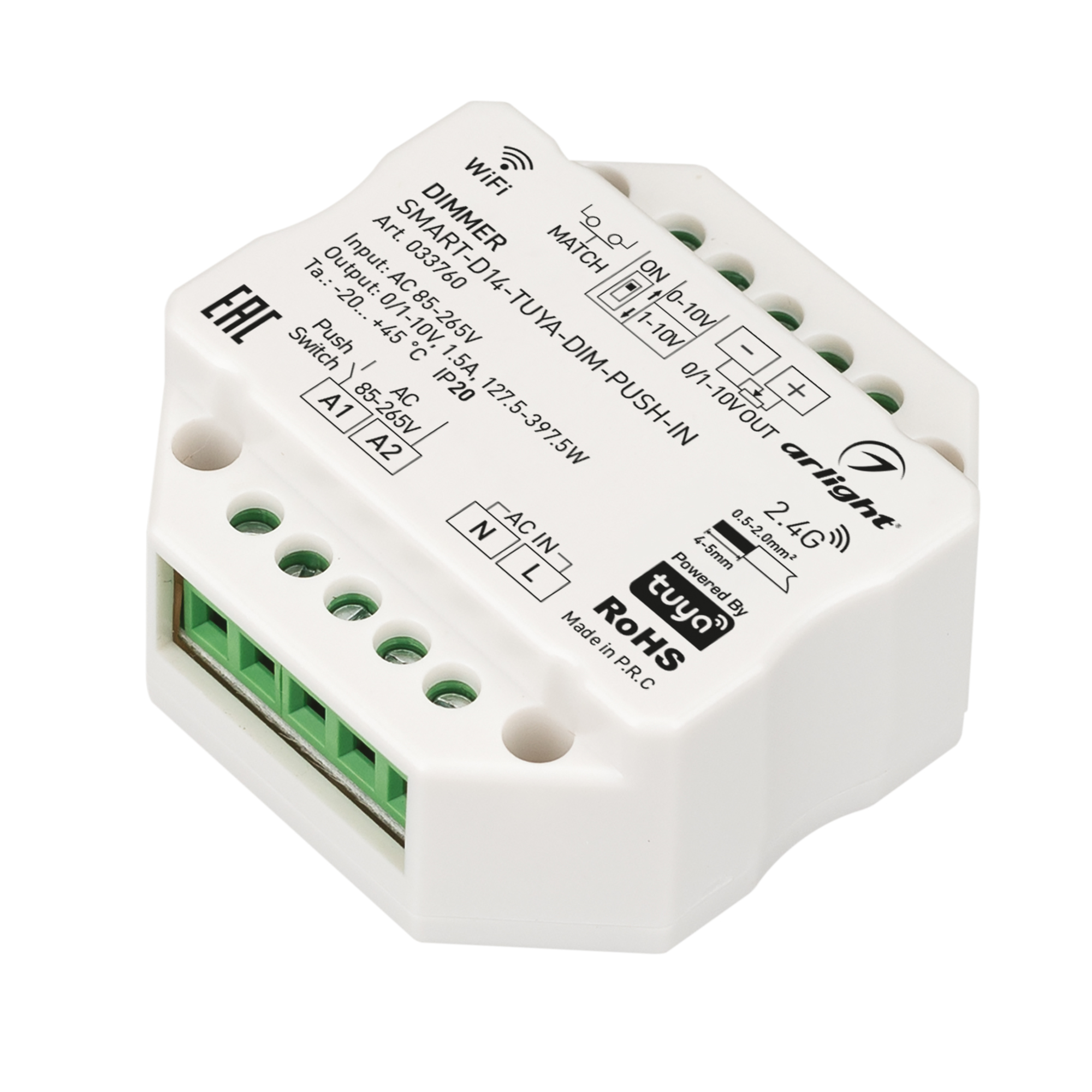 Диммер SMART-D14-TUYA-DIM-PUSH-IN (230V, 1.5A, 0/1-10V, 2.4G) 033760 - Диммер для одноцветных источников света (0/1-10V). Питание/рабочее напряжение AC 85-265V. DIP переключатель 0-10V/1-10V. Корпус - PVC. Габариты 52х52х26 мм, встраивается в стандартный 