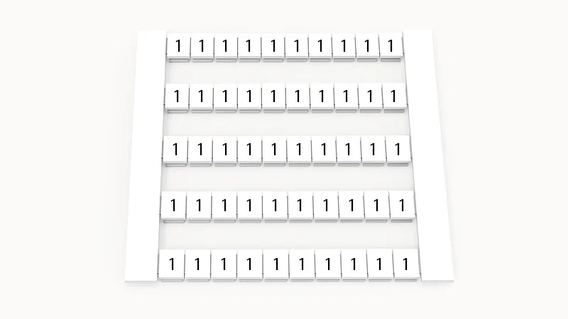 Марк. кассета DEK5-50P-19-75Z(H) - Маркировочные шильдики для клемм WS…, сечением 2,5 мм кв., боковая, 50 шильдиков, нанесенные символы: 1, по 5 полосок,с вертикальным расположением, размер шильдика: 4,8х5,5 мм, цвет белый