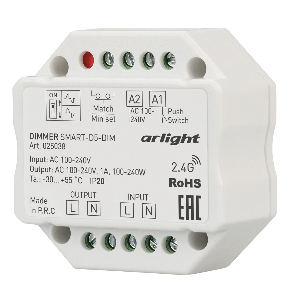 Диммер SMART-D5-DIM-IN (230V, 1A, TRIAC, 2.4G) 025038 - TRIAC диммер, предназначенный для установки в подрозетник. Управляется пультами и панелями серии SMART. Питание 100-240VAC, макс.ток 1А. Габариты: 52x52x26 мм.