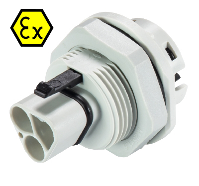 Разъем RST20I3FXS2 M01V GL - Взрывозащищенный вилочный разъем в панель, М25, IP68(69k), 3 полюса, пружинная фиксация провода, номинальные характеристики: 250/400V, 20A, цвет: белый, серия RST Ex