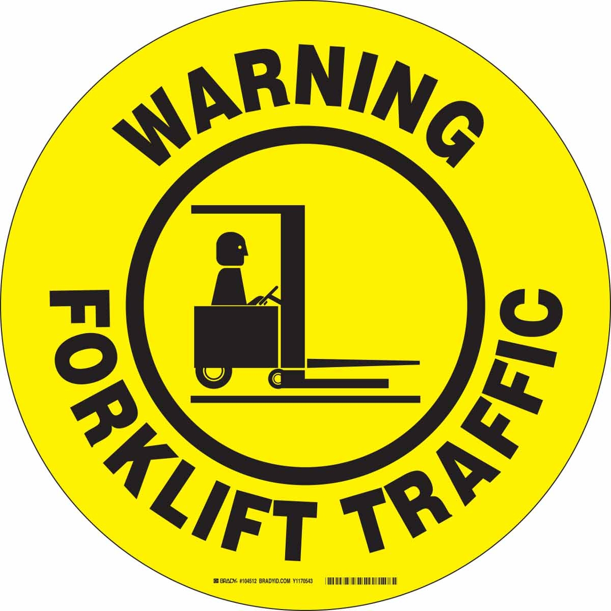 gws104512 - Напольная самоклеющаяся табличка с надписью "Warning Forklift Traffic", материал В-534, цвет - черный  на желтом, диаметр 431,8 мм