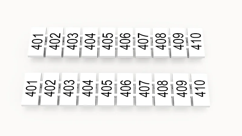 Марк.  полоска ZB5-10P-19-240Z(H) - Маркировочные шильдики для клемм WS…, DC…, PC…, сечением 2,5 мм кв., центральная, 10 шильдиков, нанесенные символы: 401-410 с горизонтальнымрасположением, размер шильдика: 4,55х10,7 мм, цвет белый