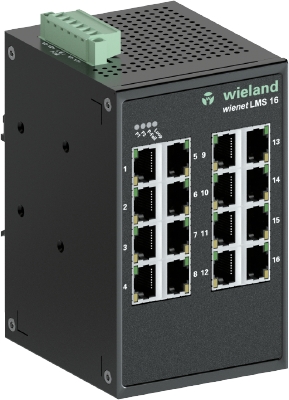 Коммутатор WIENET LMS 16-W - Коммутатор серии WieNet, неуправляемый, 16 портов RJ45 скорость передачи 10/100 MBit/s, номинальное напряжение: 8,4-52,8 VDC, монтаж: на DIN рейку, материал корпуса: алюминий
