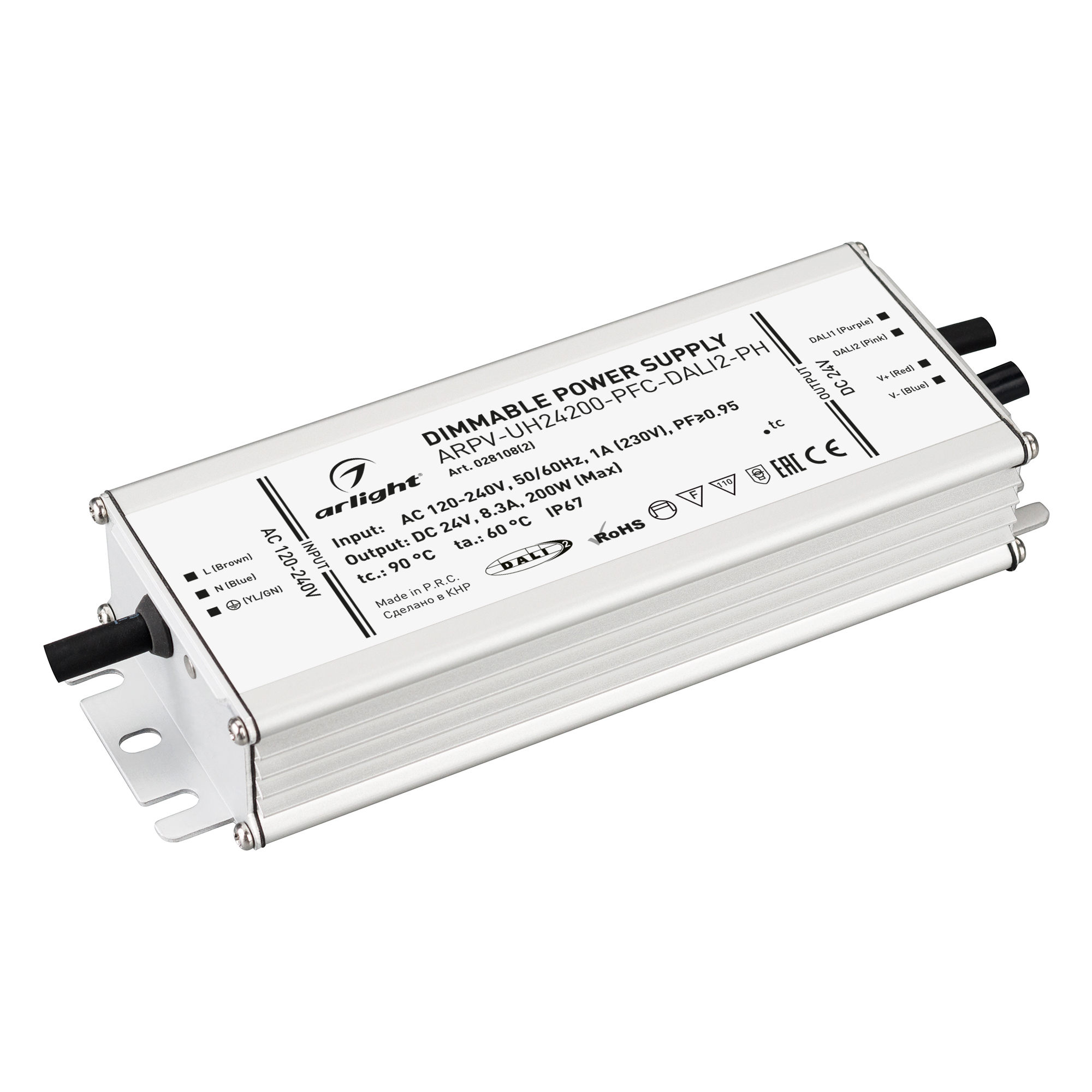 Блок питания ARPV-UH24200-PFC-DALI2-PH (24V, 8.3A, 200W) 028108(2) - Диммируемый источник напряжения по протоколу DALI2.0 с гальванической развязкой для светодиодных изделий. Входное напряжение 120-240 VAC. Выходные параметры: 24 В, 8.3 А, 200 Вт. Встроен