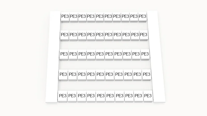 Марк. кассета DEK5-50P-19-153Z(H) - Маркировочные шильдики для клемм WS…, сечением 2,5 мм кв., боковая, 50 шильдиков, нанесенные символы: PE3, по 5 полосок,с вертикальным расположением, размер шильдика: 4,8х5,5 мм, цвет белый