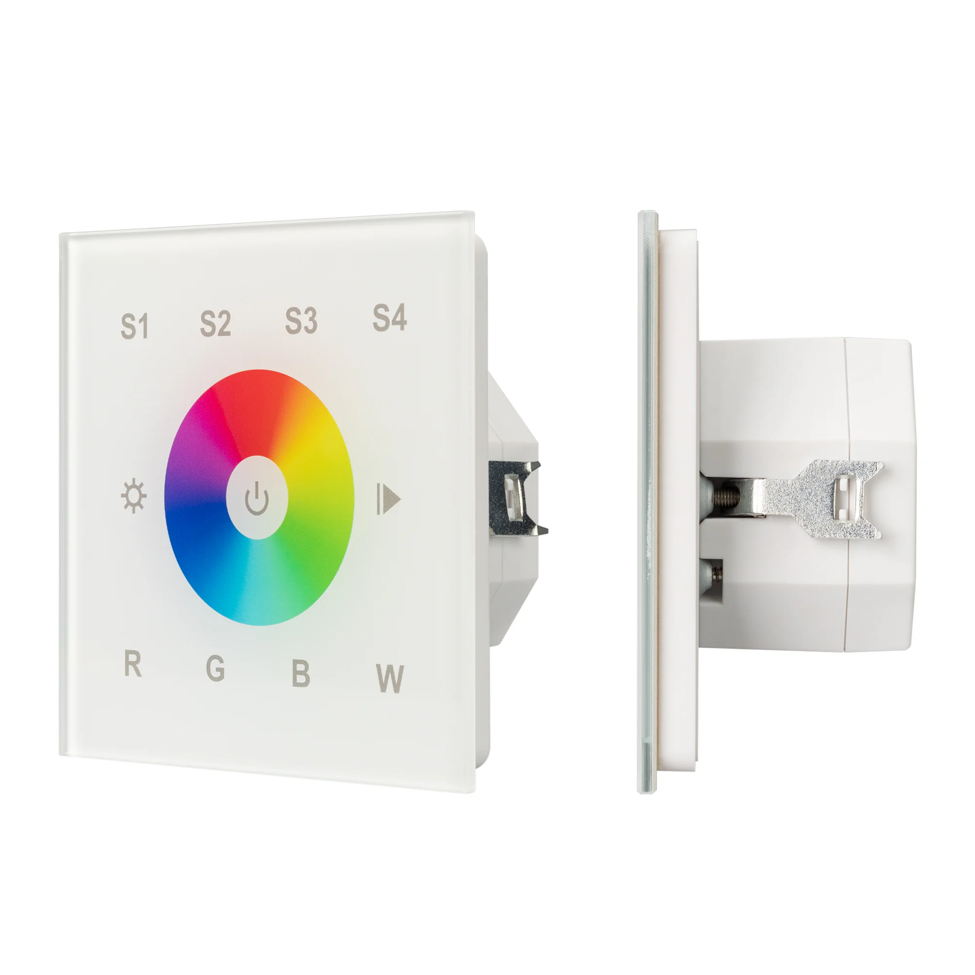 INTELLIGENT ARLIGHT Панель DALI-113-1G-RGBW-IN White (Bus, Sens) 023803(1) - Настенная встраиваемая стеклянная панель белого цвета с сенсорным управлением (сенсорное кольцо и 11 сенсорных кнопок) для мультицветных светодиодных RGBW-лент. 1 зона управления