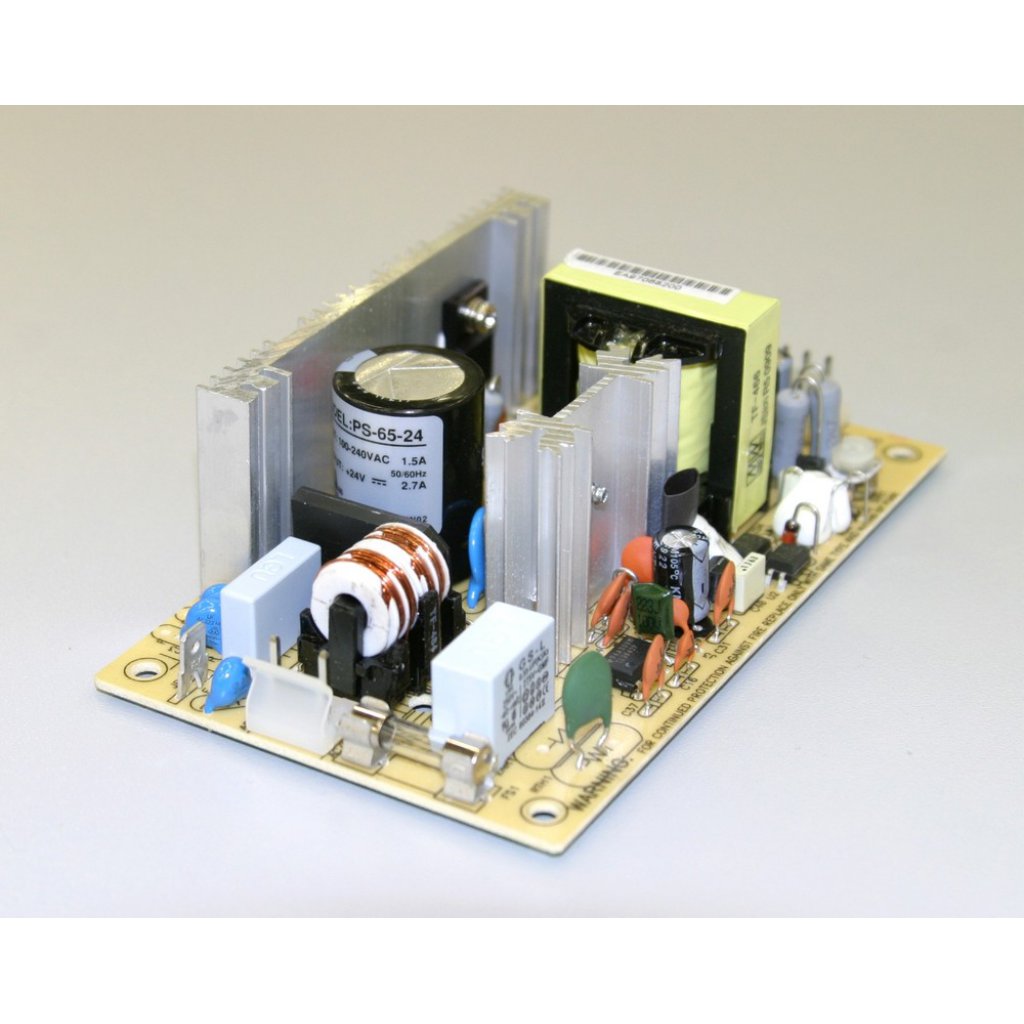 PS-65-12 - AC-DC, 65Вт, выход 12В/5.2A, рег. вых=±10%Uном, вход 85…264V AC, 47…440Гц /120…370В DC, изоляция 3000В AC, открытая плата 127х76х40мм, -10…+60°С