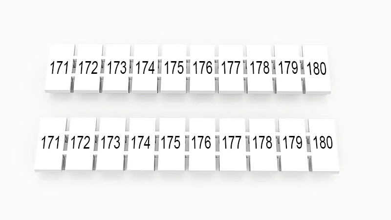 Марк.  полоска ZB5-10P-19-50Z(H) - Маркировочные шильдики для клемм WS…, DC…, PC…, сечением 2,5 мм кв., центральная, 10 шильдиков, нанесенные символы: 171-180 с вертикальным расположением, размер шильдика: 4,55х10,7 мм, цвет белый