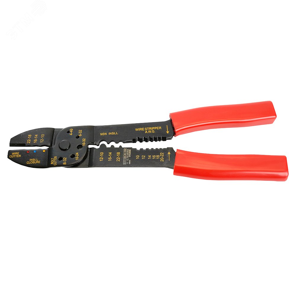 Пресс-клещи многофункциональные: обрезка, обжим, снятие изоляции (от 0,75 до 6 мм2), красный 49614