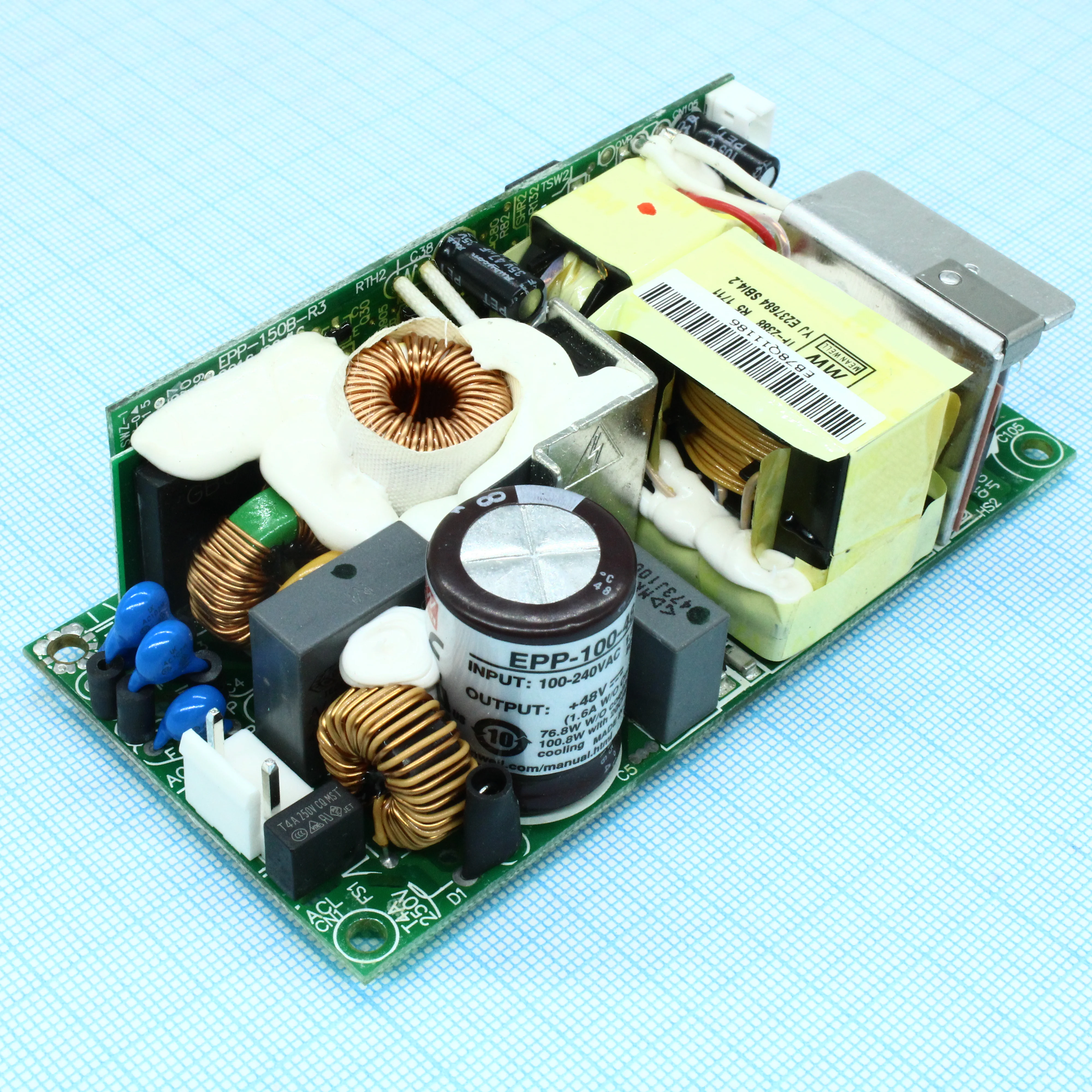 EPP-100-48 - AC-DC, 76.8Вт (вент. 100Вт), ККМ, вход 90…264V AC, 47…63Гц /127…370В DC, выход 48В/1.6A (вент. 2.1А), рег. вых 47…50.4В, изоляция 3000В AC, открытая плата 102х51х29мм, -30…+70°С, доп. выход 12В/0.3А