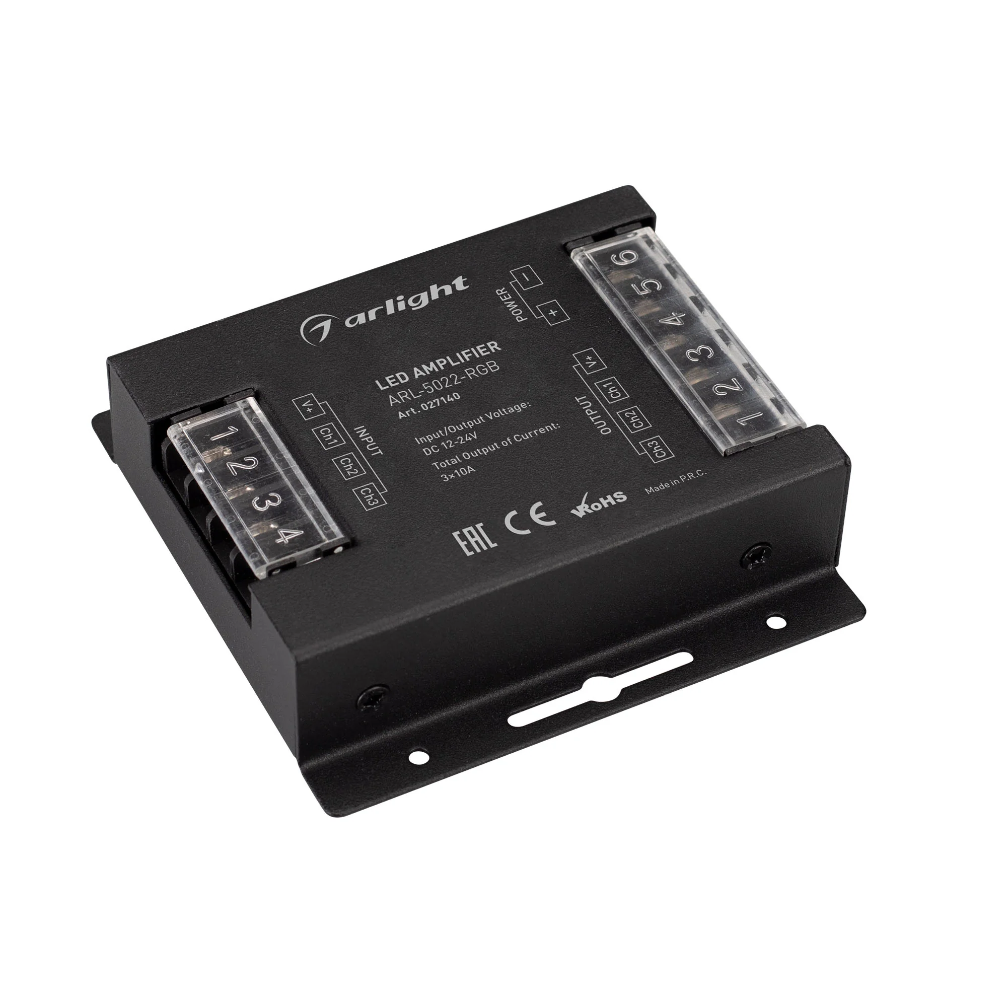 Усилитель ARL-5022-RGB (12-24V, 3x10A, 360-720W) 027140 - 3-х канальный RGB усилитель для контроллеров (12-24VDC). Питание 12-24VDC. 3 канала, ток нагрузки 3x10A, мощность нагрузки 360-720W. Размер 91x88x24 мм.