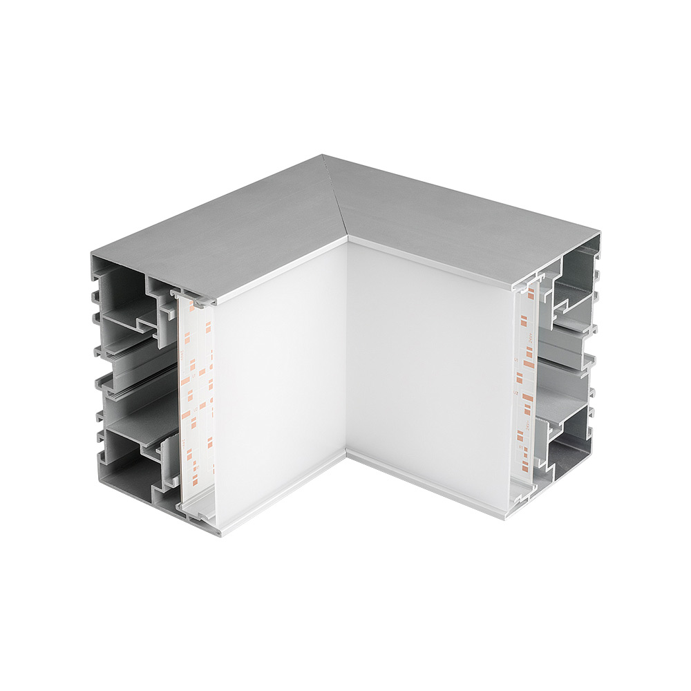Угол S2-LINE-10570-L90N внутренний 021268 - внутренний угол в сборе, для соединения 2-х профилей S2-LINE-10570 под углом 90°. Экран образует линию внутри угла. В комплекте матовый экран, площадка для ленты, соединители. Длина внешней стороны угла 150 мм.