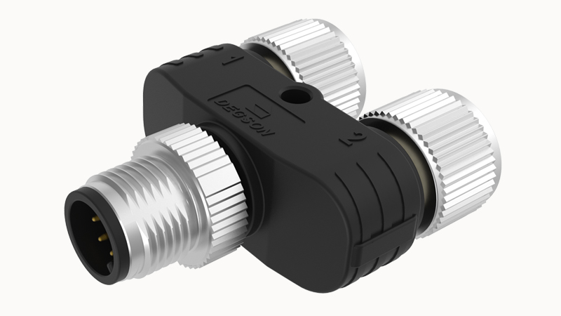 Распред. устройство FY-M12A-08M-M12A-08F-T-0100 - Распределительное устройство, Y-образное, 8 полюсов, 1 вход (вилка) / 2 выхода (розетка), M12, A-Code, 2A, 30V, пластик
