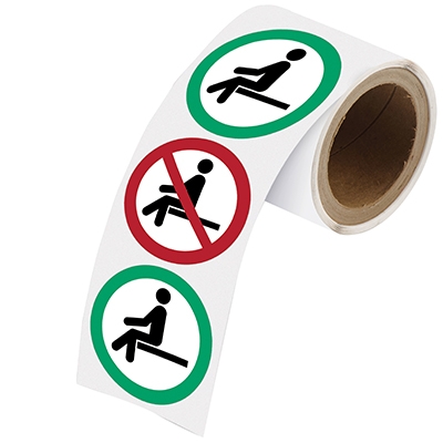 gws307528 - Знаки в рулоне "НЕ СИДИТЕ/СИДИТЕ ЗДЕСЬ", P018 и PIC925, материал В-7539, белый глянцевый полиэстер, диаметр 50 мм, 250 шт. в упак.