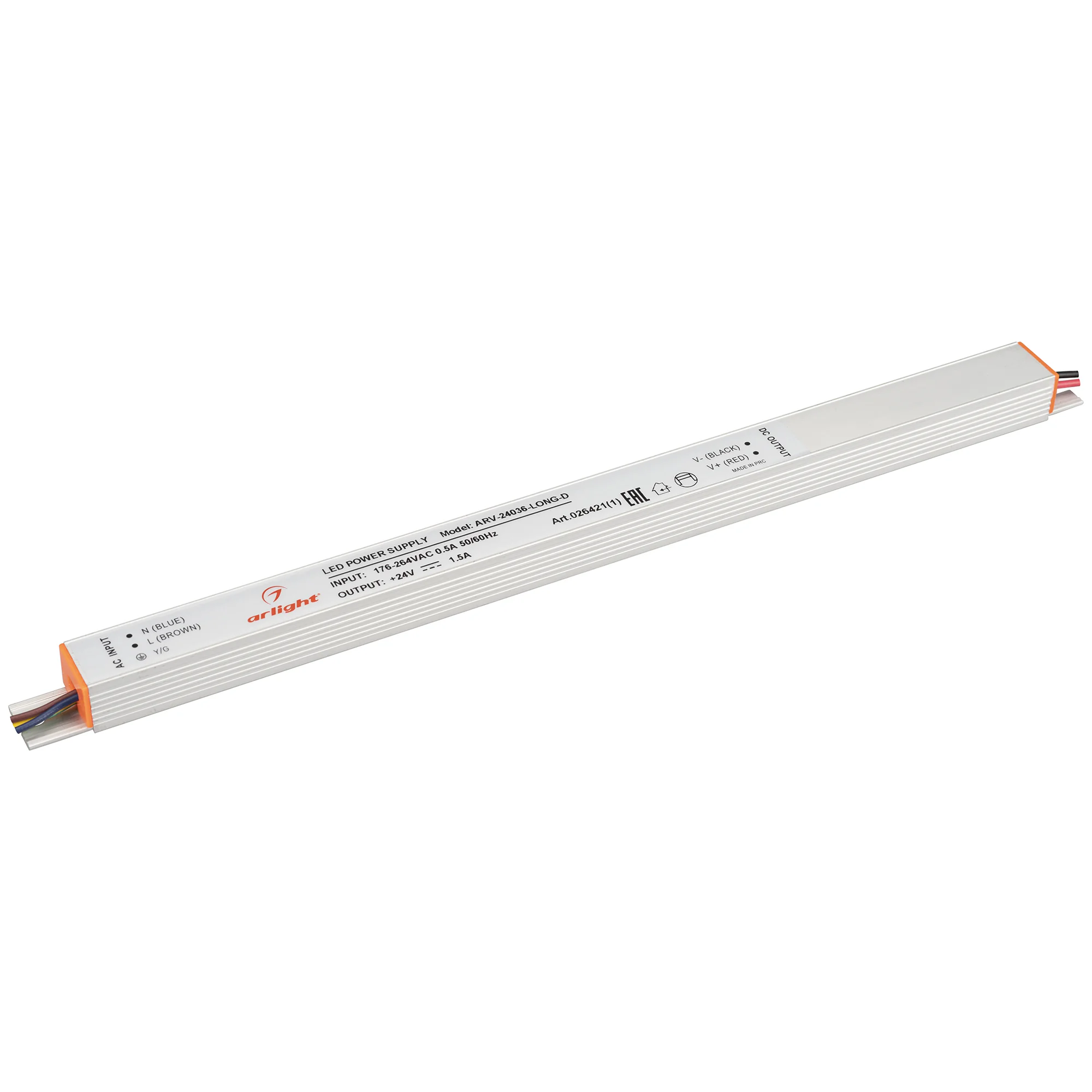 Блок питания ARV-24036-LONG-D (24V, 1.5A, 36W) 026421(1) - Источник напряжения с гальванической развязкой для светодиодных изделий. Входное напряжение 200-240 VAC. Выходные параметры: 24 В, 1.5 А, 36 Вт. Встроенный PFC >0.5. Негерметичный алюминиевый корп