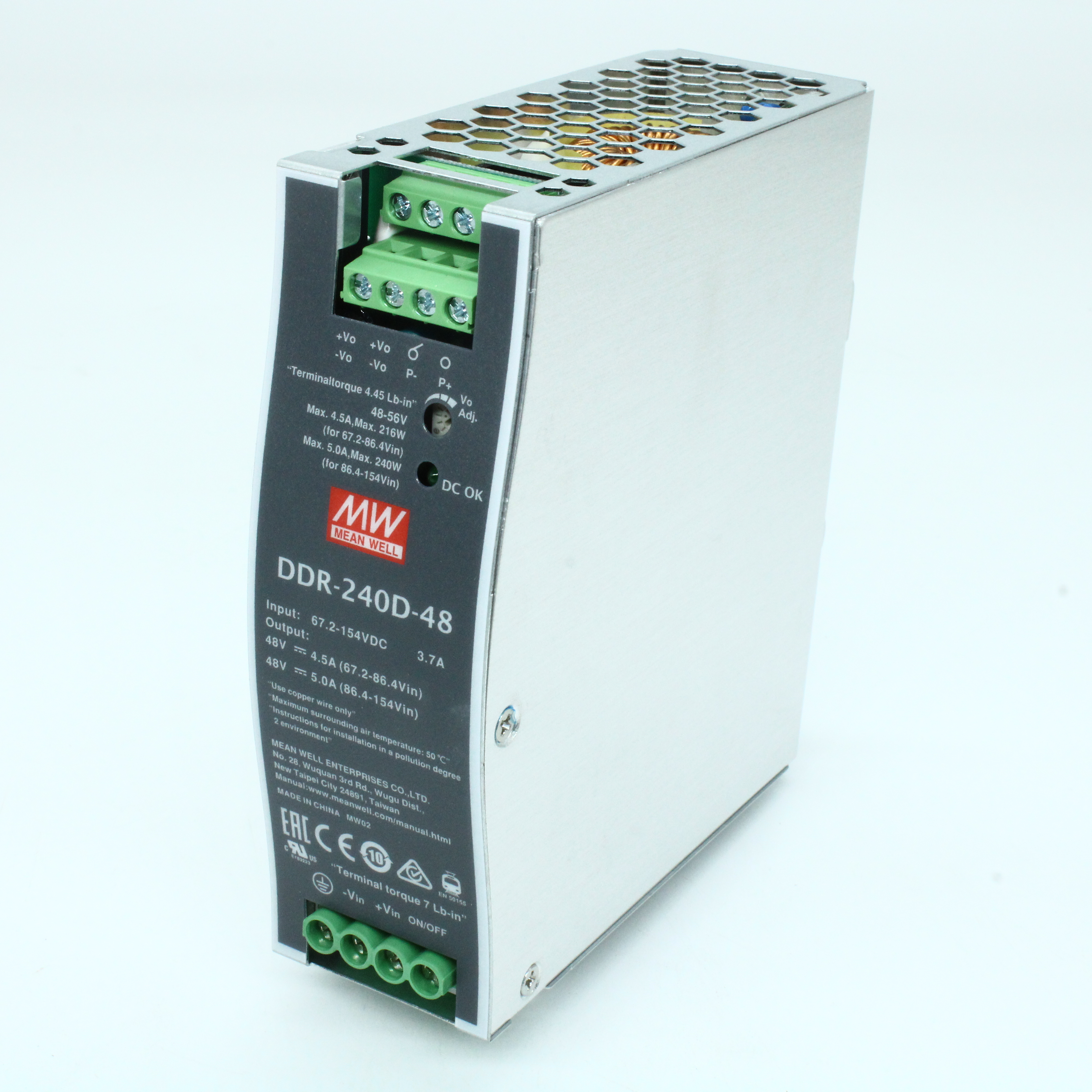 DDR-240D-48 - DC-DC, 240Вт, вход 67.2…154 В DC, выход 48В/5А, изоляция 4000В DC, в кожухе на DIN-рейку, 40х125.2х113.5мм, -40...+70°С