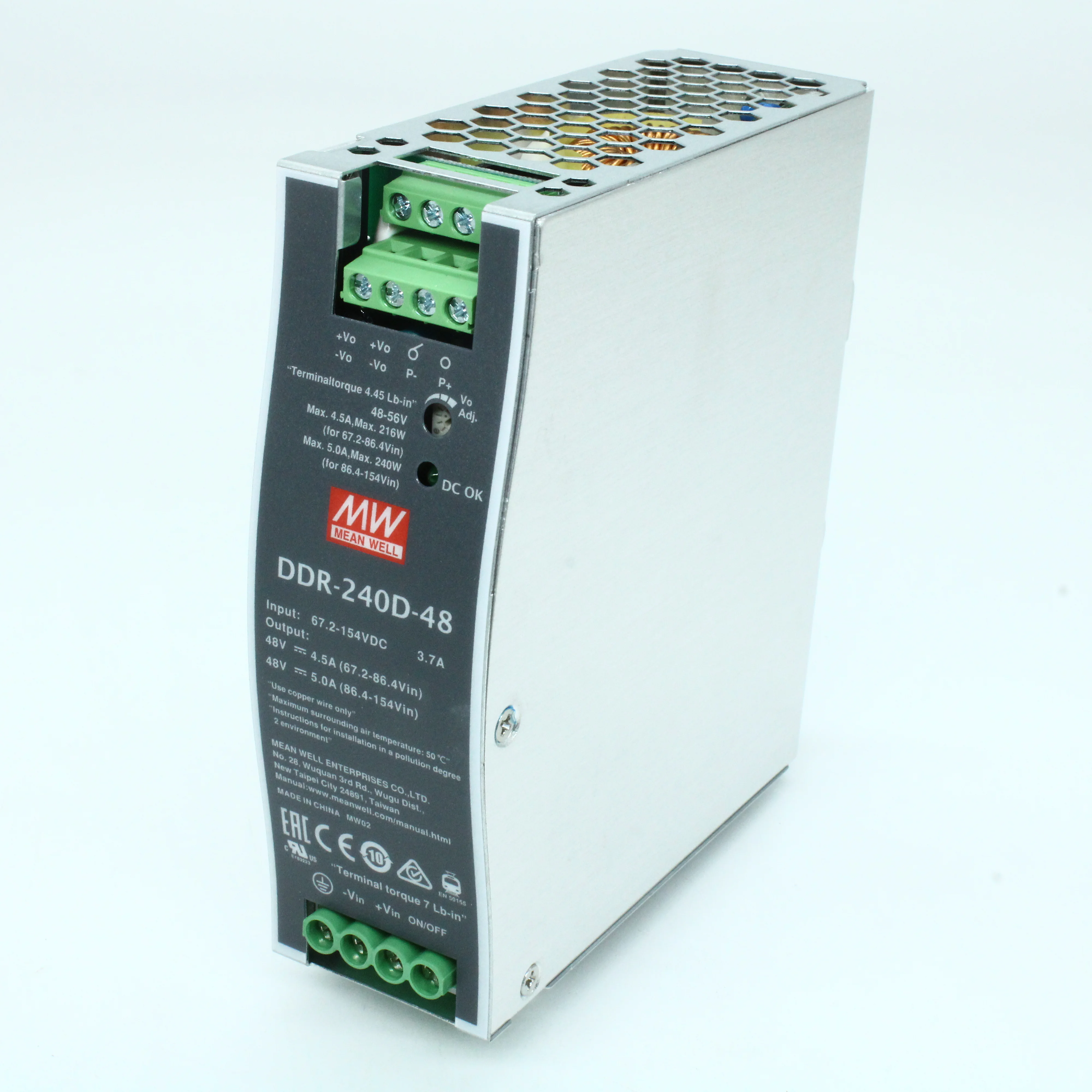 DDR-240D-48 - DC-DC, 240Вт, вход 67.2…154 В DC, выход 48В/5А, изоляция 4000В DC, в кожухе на DIN-рейку, 40х125.2х113.5мм, -40...+70°С