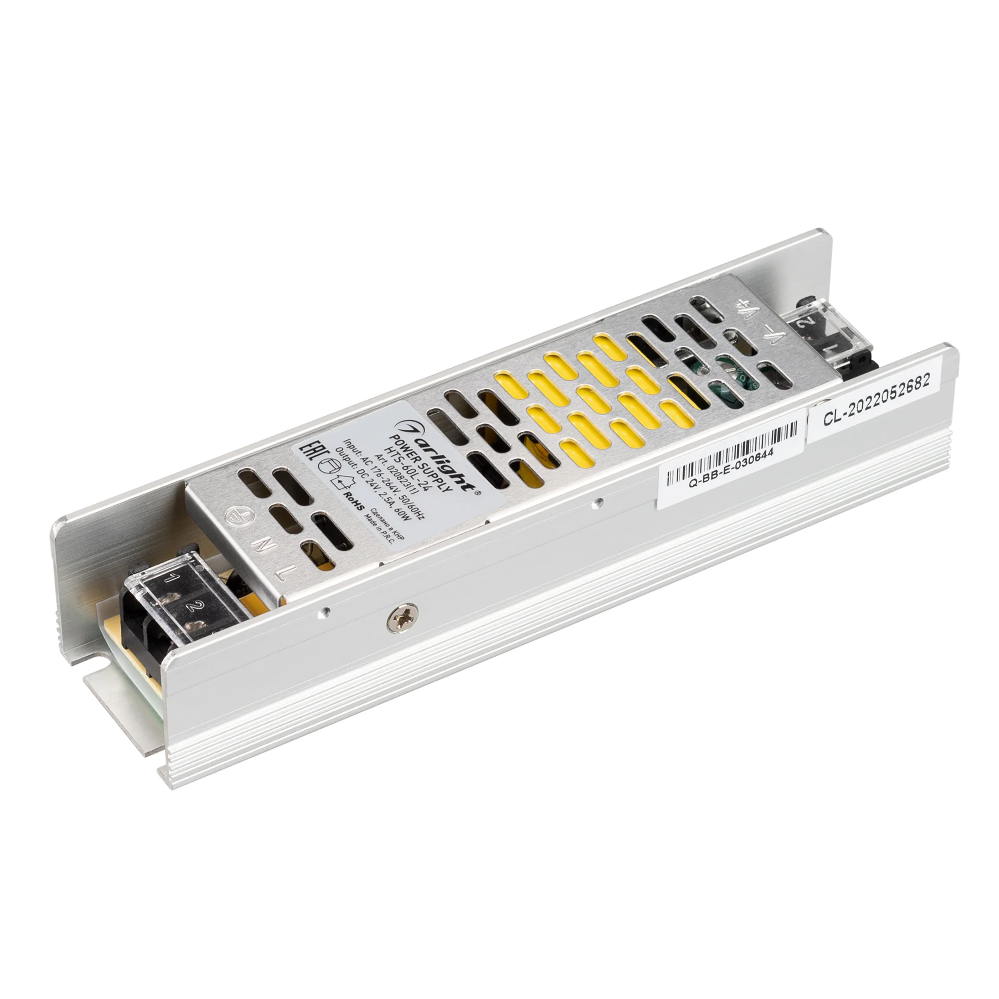 HTS-60L-24 - Источник напряжения с гальванической развязкой для светодиодных изделий. Входное напряжение 176-264 VAC. Выходные параметры: 24 В, 2,5 А, 60 Вт. Встроенный PFC >0,5. Негерметичный алюминиевый сетчатый корпус IP 20.