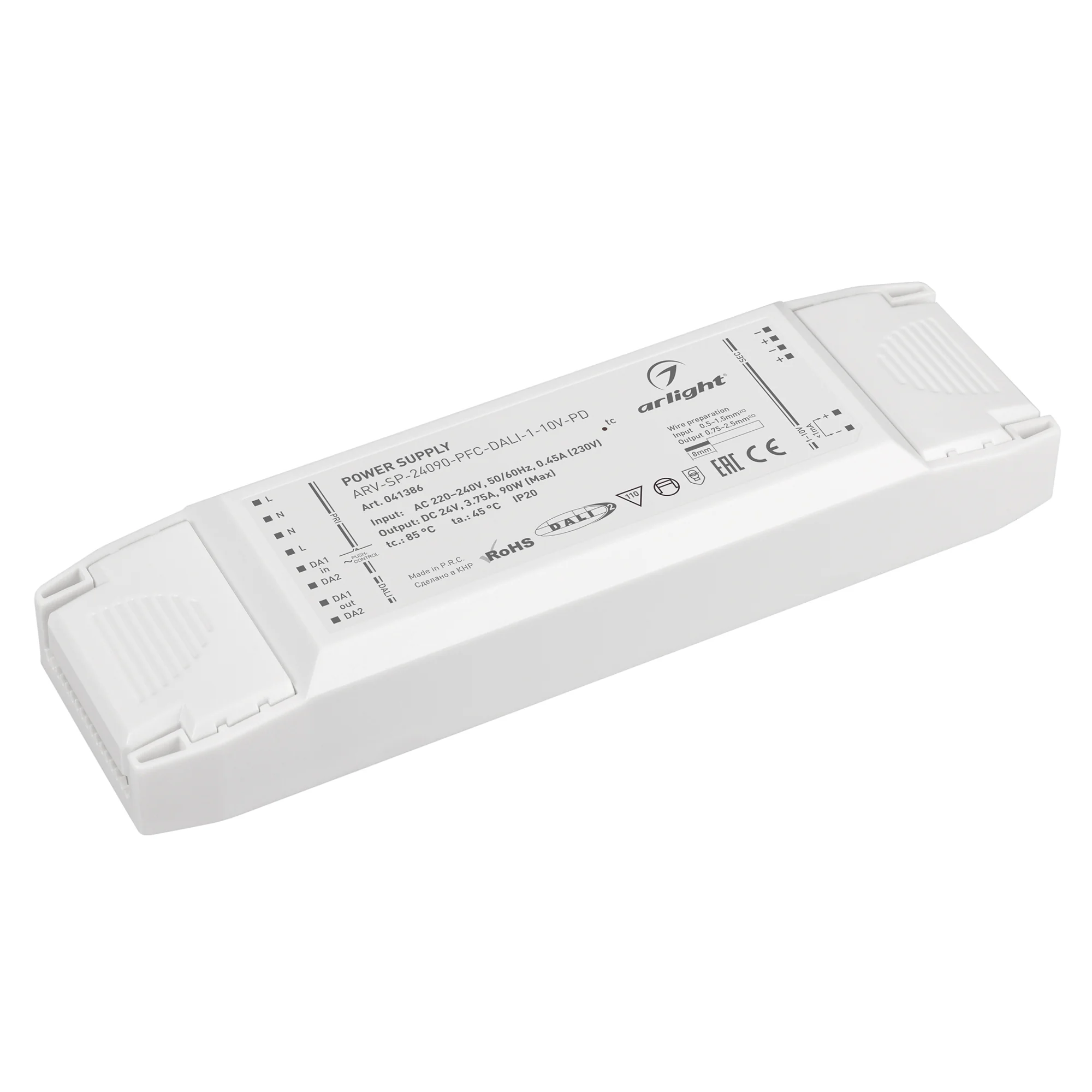Блок питания ARV-SP-24090-PFC-DALI-1-10V-PD (24V, 3.75A, 90W) 041386 - Блок питания 24V, ток 3.75А, 90Вт, с управлением DALI, 1-10V и функцией PUSH DIM, с корректором мощности, PF>0,99. Тонкий пластиковый корпус IP20. Вход: 220-240VAC. Размер 205х58х30 mm