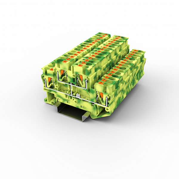 Заземляющая клемма UPT-2.5/2PE - Заземляющая этажная клемма, тип фиксации провода: Push-in, номинальное сечение: 2,5 мм кв., 500V, ширина: 5,2 мм, цвет: желто-зеленый, тип монтажа: DIN35