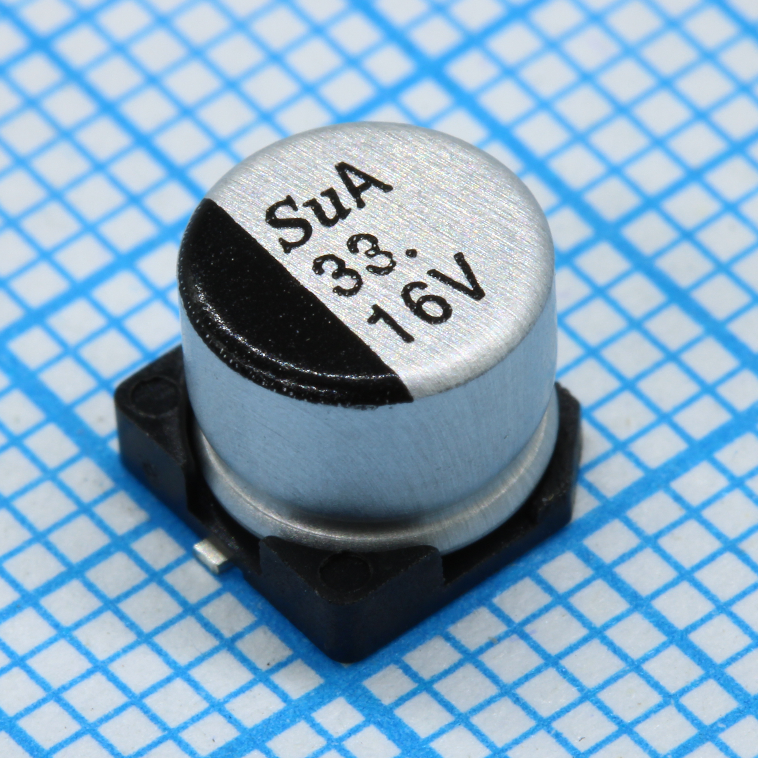 TS13CA1C330MFT000R - SMD Конденсатор алюминиевый электролитический 16В, 33мкФ ±20%, размер 6.3 X 5.8мм, 0.8 Ом, 150мА, 2000ч, 105С