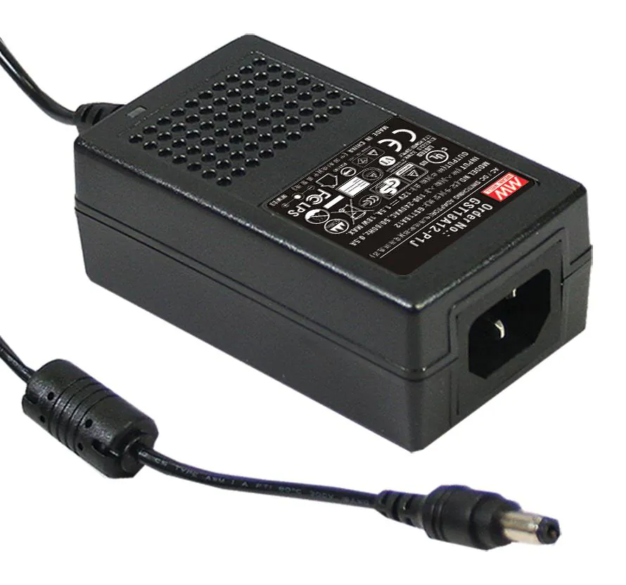 GST18A28-P1J - Адаптер настольный, AC-DC, 18Вт, вход 85...264B AC 47...63 Гц,, выход 28B/0.64A, изоляция 3000В AC, 93x54x36мм, -30...+70°С, сетевой разъём IEC320-C14, выходной разъем 11, диам. 5.5х2.1мм