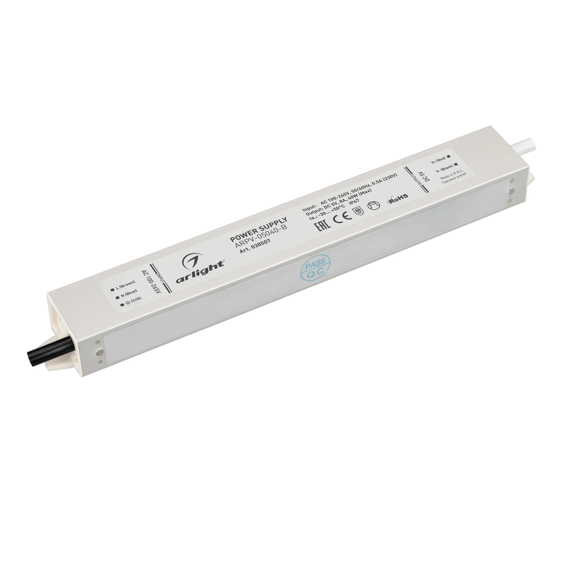 Блок питания ARPV-05040-B (5V, 8.0A, 40W) 038507 - Источник напряжения с гальванической развязкой для светодиодных изделий. Входное напряжение 100-240 VAC. Выходные параметры: 5 В, 8 А, 40 Вт. Встроенный PFC >0,5. Герметичный пластиковый корпус IP 67. Раб