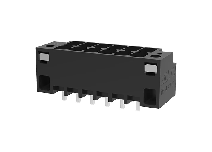 Вилочный разъем на плату MC-DPT3.5V07-F-BK-2000 - Вилочный разъем, вертикальный, 2 этажа, на плату, шаг: 3.5 мм, 7х2 полюсов, фиксация на плате пайкой, исполнение: с монтажными фланцами, 160V, 8A, цвет: черный