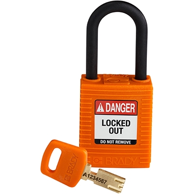 gws150230 - Замок SafeKey нейлоновый с пластиковой дужкой, высота дужки – 38 мм, диаметр дужки – 6.4 мм, нейлоновый корпус, размеры корпуса – 46х38х19 мм, цвет – оранжевый, 1 шт/упак