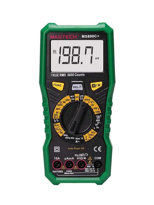 MS890C+ - Мультиметр цифровой с TrueRMS, тест светодиодов, NCV, детектор фаза/ноль,частота, температура, емкость, генератор импульсов, измерение скважности, фонарик