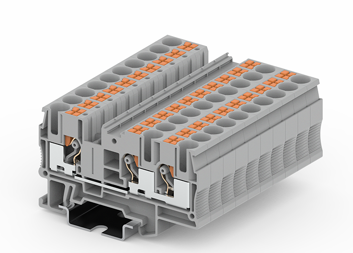 Проходная клемма TP6-3-GY - Проходная клемма, 3 точки подключения, тип фиксации провода: push-in, номинальное сечение: 6 мм кв., 41A, 1000V, ширина: 8,2 мм, цвет: серый, тип монтажа: DIN 35