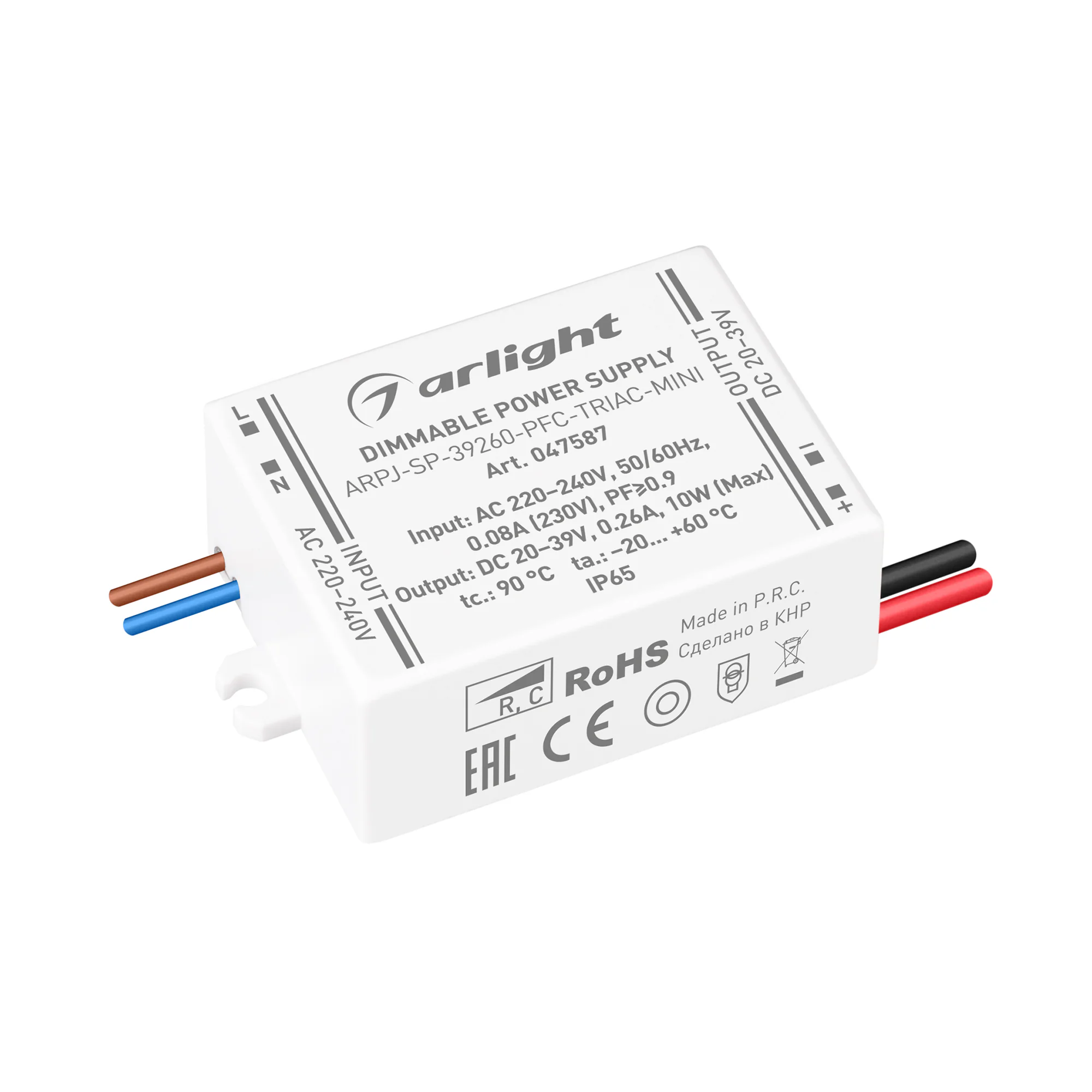 Блок питания ARPJ-SP-39260-PFC-TRIAC-MINI (10W, 20-39V, 260mA) 047587 - Диммируемый источник тока по стандарту TRIAC с гальванической развязкой для светильников и мощных светодиодов. Входное напряжение 220-240 VAC. Выходные параметры: 20-39 В, 260 mА, 10 