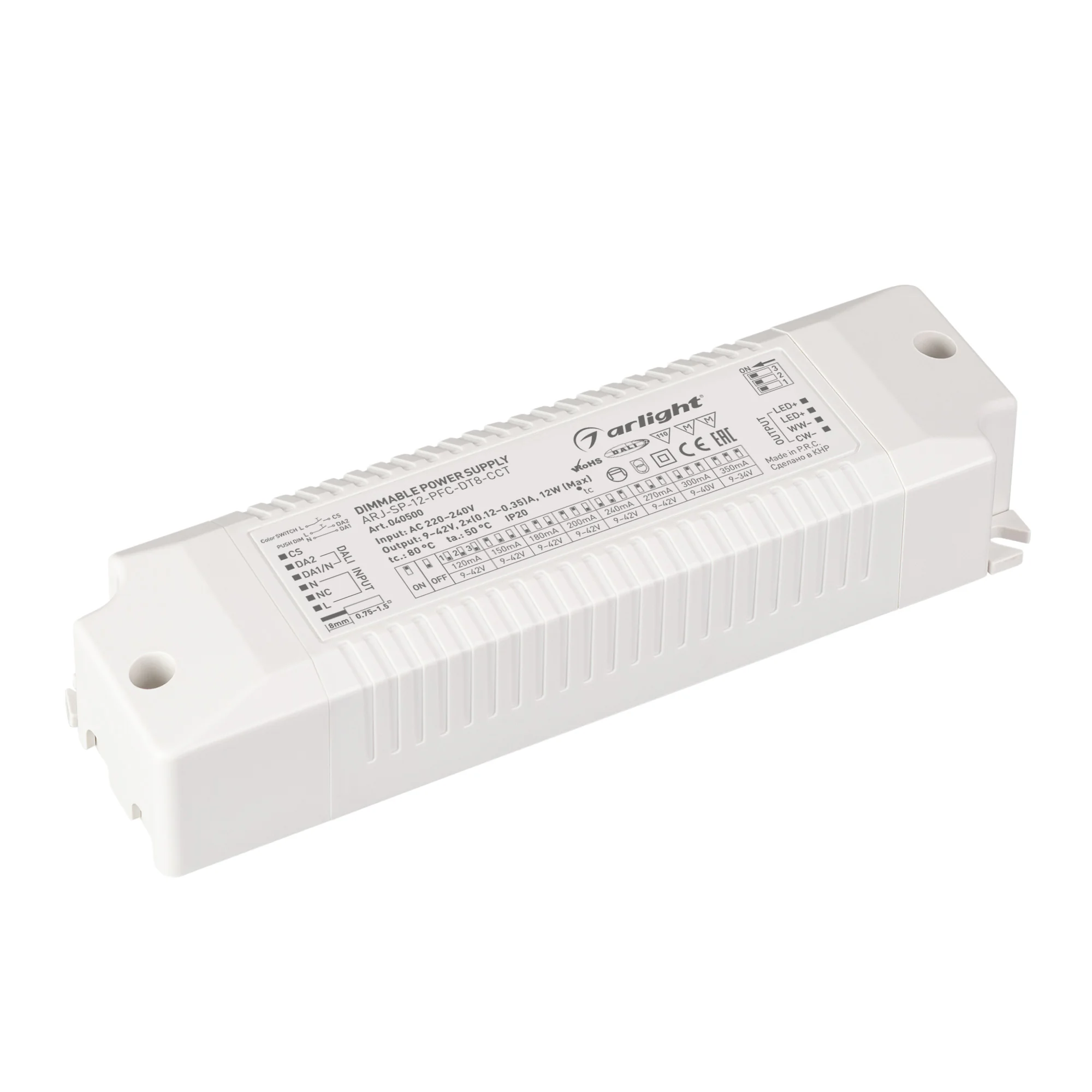 Блок питания ARJ-SP-12-PFC-DT8-ССT (12W, 9-42V, 0.12-0.35А) 040500 - Диммируемый источник тока по протоколу DALI DT8 с гальванической развязкой для MIX (CCT) светильников. Входное напряжение 220-240 VAC. Выходные параметры: 9-42В (120/150/180/200/240/270м