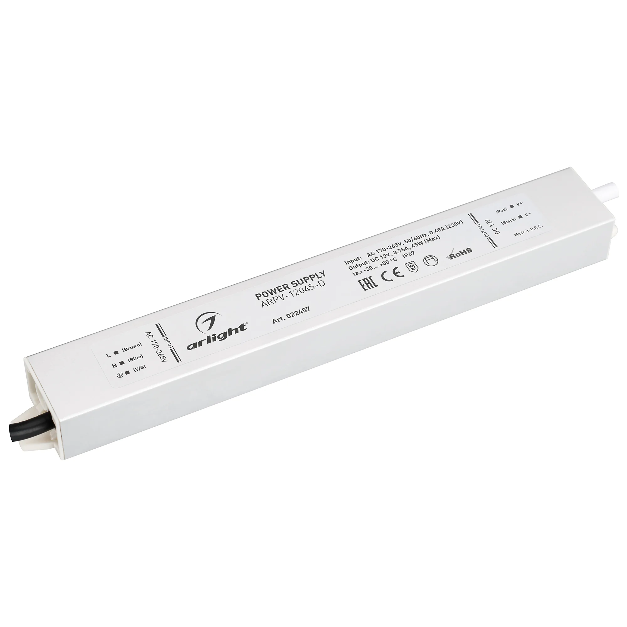 Блок питания ARPV-12045-D (12V, 3.8A, 45W) 022457 - Источник напряжения с гальванической развязкой для светодиодных изделий. Входное напряжение 170-265 VAC. Выходные параметры: 12 В, 3,75 А, 45 Вт. Встроенный PFC >0,5. Герметичный алюминиевый корпус IP 67