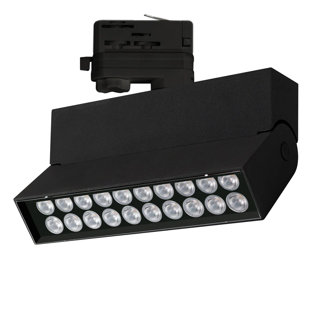 Светильник LGD-LOFT-TRACK-4TR-S170-20W Day4000 (BK, 24 deg) 026232 - Светильник подвесной для треков/шин 4 провода, 20Вт. Цвет ДНЕВНОЙ 4000K, св.поток 1050-1150лм, CRI(Ra)>90, угол 24°. Угол наклона 45°. Корпус прямоугольный, черный алюминий, IP40. Размер
