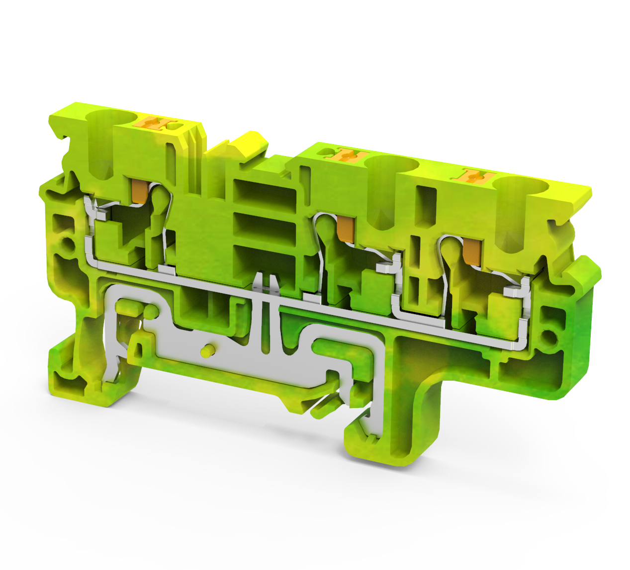 Заземляющая клемма CPG4/3 - Заземляющая клемма, 3 точки подключения, тип фиксации провода: push-in, номинальное сечение: 4 мм кв., ширина: 6 мм, цвет: желто-зеленый, тип монтажа: DIN 35