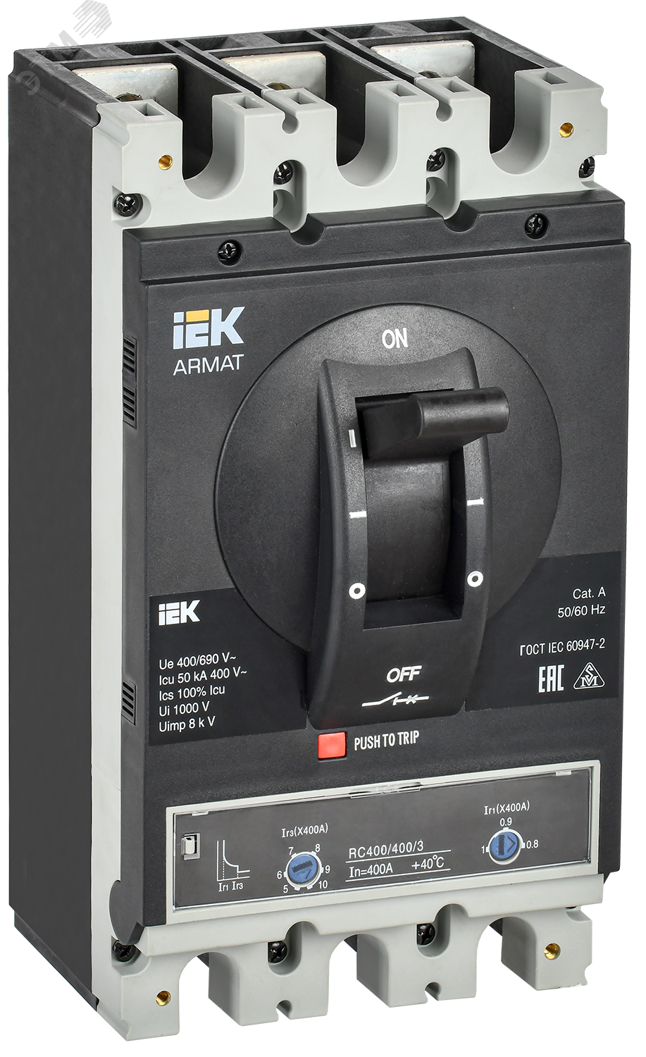 Автоматический выключатель в литом корпусе ARMAT 3P типоразмер H 50кА 400А расцепитель термомагнитный регулируемый AR-MCCB-3H-050-0400A-ATUC