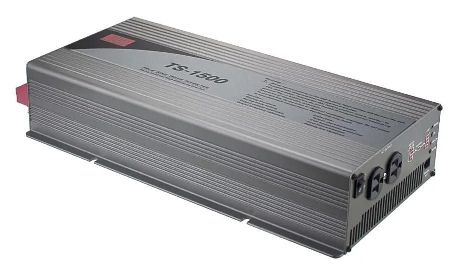 TS-1500-212B - DC-AC, 1500Вт, Рпик=1875Вт(10сек), Uвх=10.5…15В DC, Uвых=200/220/230/240В АС 50/60Гц, КГИ<3%, КПД 88%, изоляция 3000В AC, в кожухе 420х220х88мм, 0…+40/60°С, RS-232/RJ11, выход розетка EU