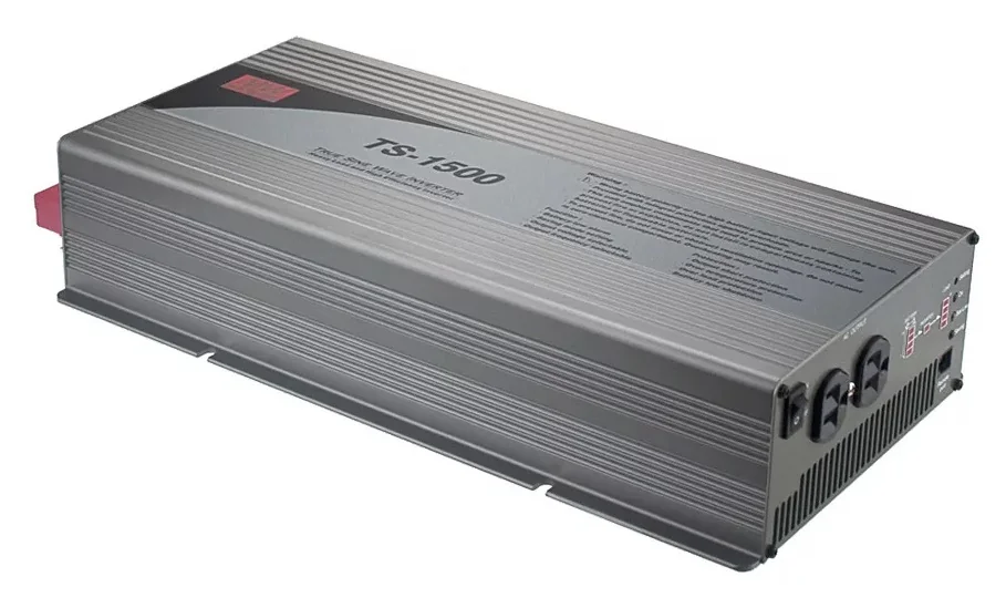 TS-1500-212B - DC-AC, 1500Вт, Рпик=1875Вт(10сек), Uвх=10.5…15В DC, Uвых=200/220/230/240В АС 50/60Гц, КГИ<3%, КПД 88%, изоляция 3000В AC, в кожухе 420х220х88мм, 0…+40/60°С, RS-232/RJ11, выход розетка EU